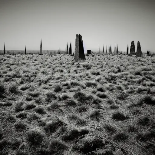 Image similar to radioactive spike field, monolithic granite spikes, one lone person standing in front of the spikes, creepy monotone black and white lighting, post nuclear fallout, desolate, no life, high resolution, old photo, distorted photo, slow corruption