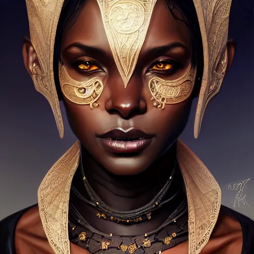 Image similar to , portrait of an black skinned tiefling female, D&D, fantasy, intricate, elegant, highly detailed, digital painting, artstation, concept art, smooth, sharp focus, illustration, art by artgerm and greg rutkowski and alphonse mucha