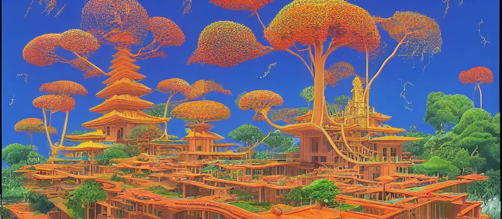 Image similar to huge gargantuan angular dimension of pagoda liminal spaces, temples by escher and ricardo bofill. utopian singaporean landscape by roger dean. magical realism, royal blue surrealism, lush sakura trees, waterfalls, thunder, lightning, cyberpunk, shot from below, epic scale