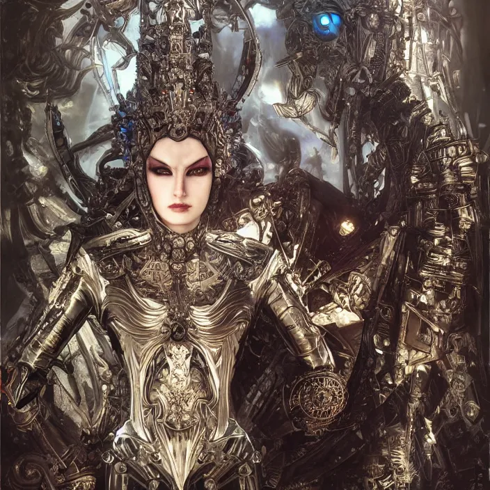 Image similar to mystical evil android queen with obsidian eyes, wearing an elaborate helmet, inside a wax palace, ultra realistic, concept art, intricate details, serious, highly detailed, photorealistic, octane render, 8 k, unreal engine, art by todd mcfarlane and artgerm and greg rutkowski and alphonse mucha