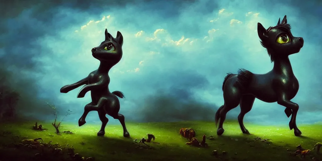 Prompt: 3 d littlest pet shop horse, gothic antique theme, teal, shadow, clouds, dullahan, celtic, intricate, master painter and art style of noel coypel, art of emile eisman - semenowsky, art of edouard bisson