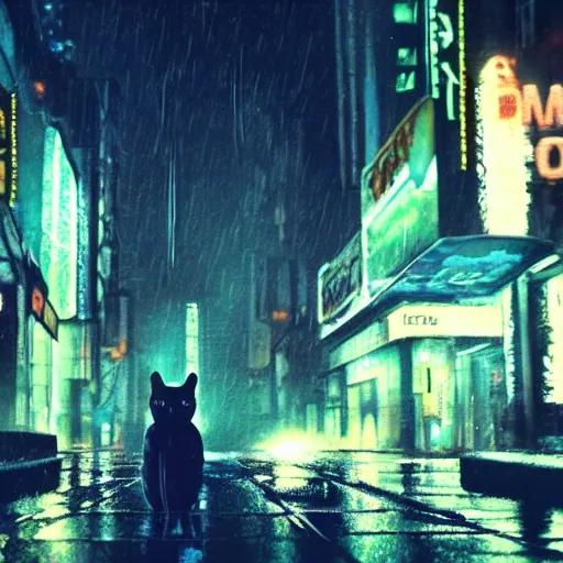 Image similar to a cat from the movie blade runner with long sharp claws and a laser eye. on a wet reflective street atmospheric lighting, neon glow, internal glow, ray tracing, 8 k, stunning still from film.