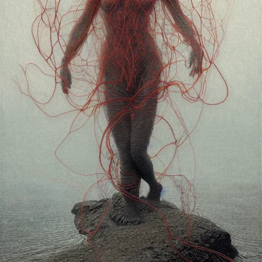 Image similar to portrait, shore of the lake, woman, wrapped around by tubes and cables, short black curly hair, glowing red, by edgar maxence and ross tran, zdzisław beksinski, and michael whelan, distant, gustav dore, h. r. giger, 8 k, octane render