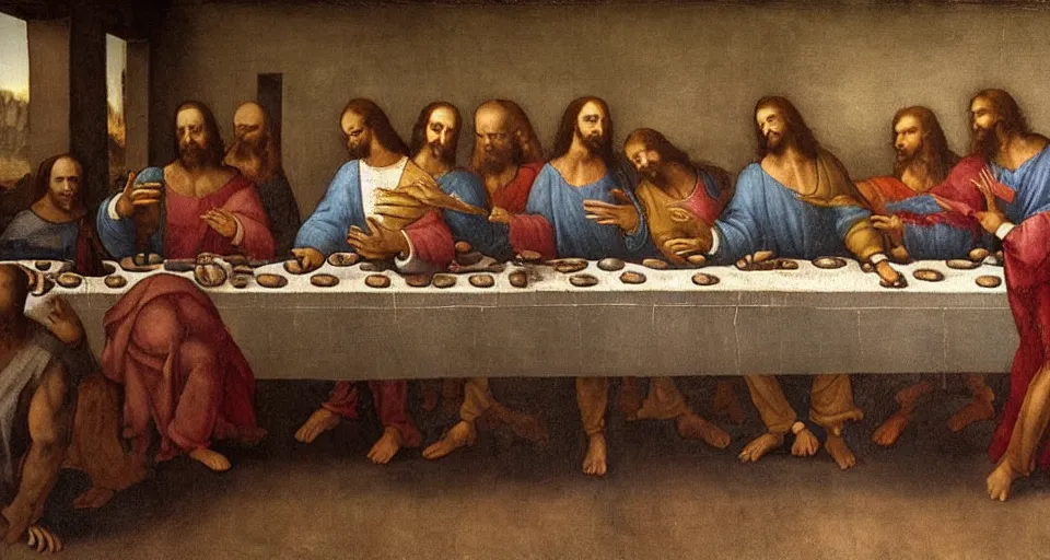 Prompt: DaVinci's the Last Supper except all of the characters have cell phones stylized as a wall Greco oil painting in Milano Italy