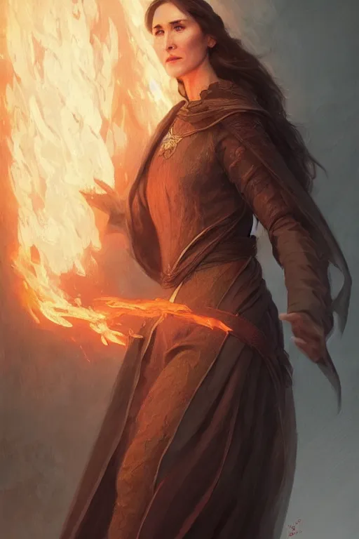 Image similar to carice van houten as a fire priest, only two hands, highly detailed, digital painting, artstation, concept art, smooth, sharp focus, illustration, unreal engine 5, 8 k, art by art by artgerm and greg rutkowski and edgar maxence