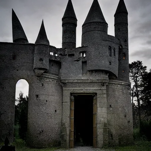 Image similar to ruins of a harry potter universe castle in the evening. a wizard with a dark vibe stands there and summons a portal that would take me back home.