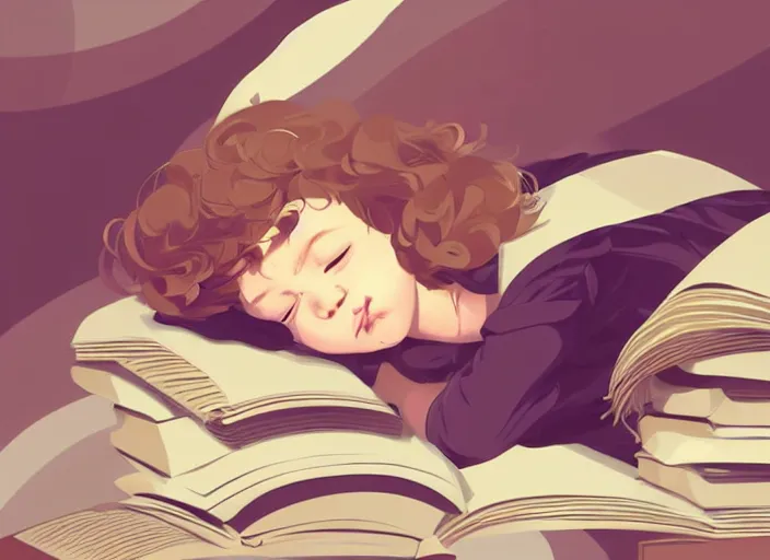 Image similar to a little girl with short wavy curly light brown hair is asleep in pile of books. clean cel shaded vector art. shutterstock. behance hd by lois van baarle, artgerm, helen huang, by makoto shinkai and ilya kuvshinov, rossdraws, illustration, art by ilya kuvshinov