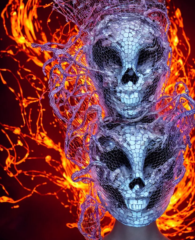 Prompt: close-up portrait of the face of a beautiful princess in a twisted skull glass mask in a spaceman suit, voronoi fracture, epic angle and pose, symmetrical artwork, 3d with depth of field, blurred background, cybernetic jellyfish female face skull phoenix bird, translucent, nautilus, energy flows of water and fire. a highly detailed epic cinematic concept art CG render. made in Maya, Blender and Photoshop, octane render, excellent composition, cinematic dystopian brutalist atmosphere, dynamic dramatic cinematic lighting, aesthetic, very inspirational, arthouse. y Greg Rutkowski, Ilya Kuvshinov, WLOP, Stanley Artgerm Lau, Ruan Jia and Fenghua Zhong