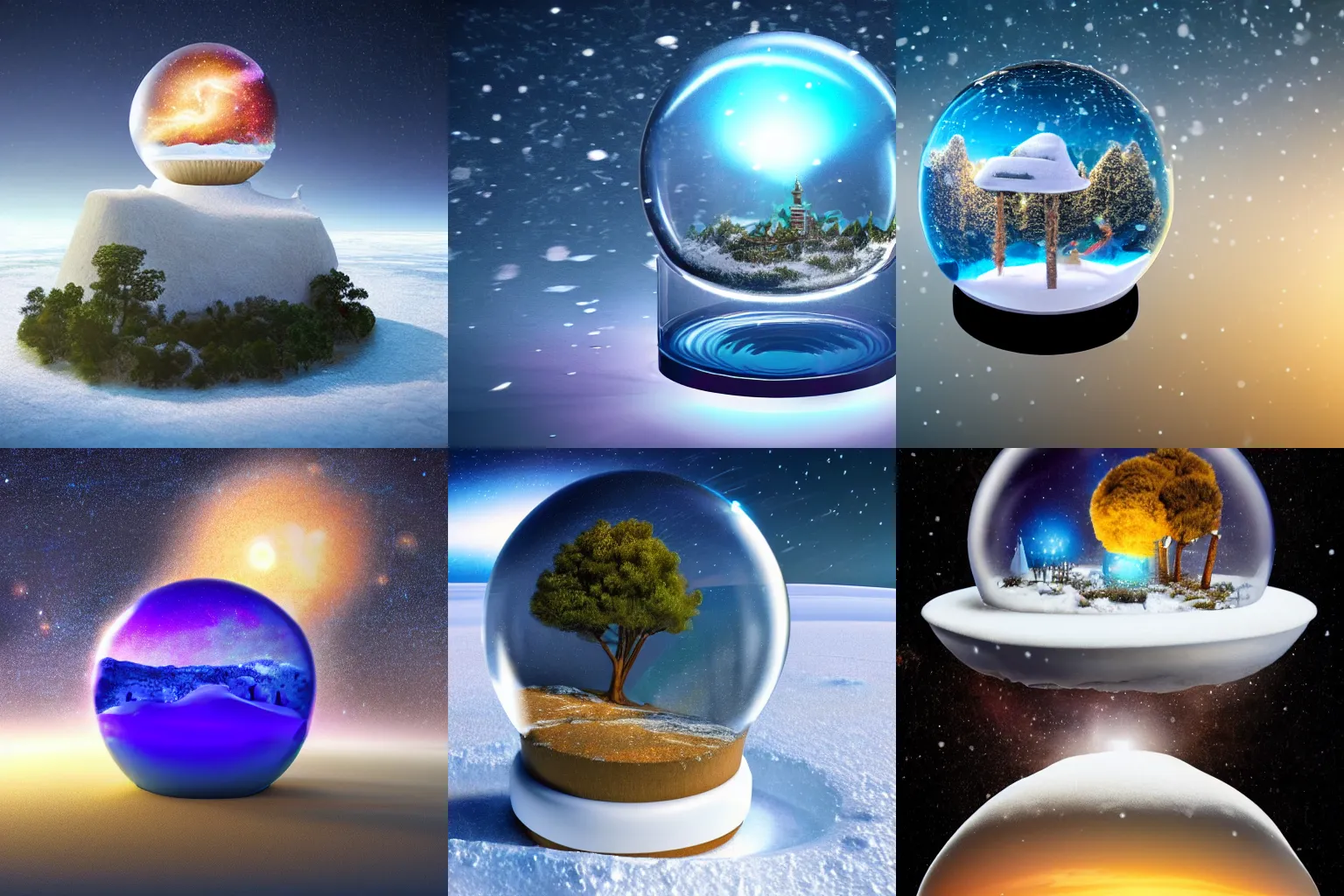Prompt: a snowglobe with a floating island, surreal, galaxies, universe, 8k ultrarealism, dreamy