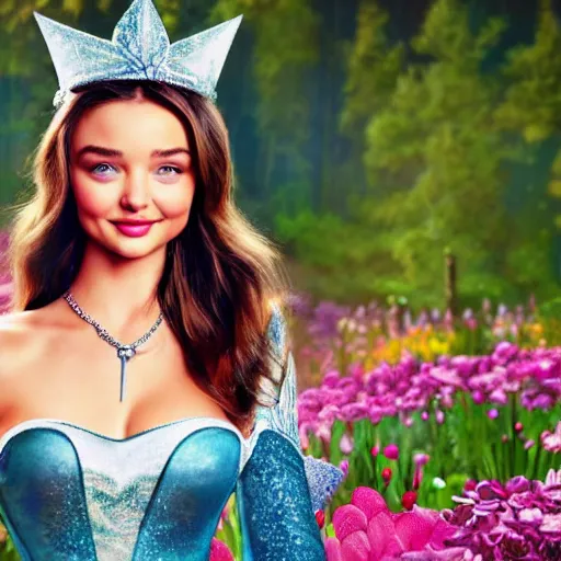 Prompt: a disney cartoon illustration of miranda kerr as sleeping beauty, dynamic lighting, 4 k hdr, hyper realistic, pretty face, in a forest flower garden, smiling