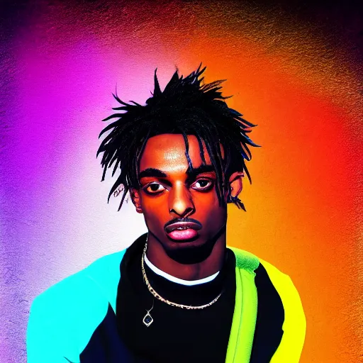 Image similar to playboi carti, photorealistic, detailed face, full body shot, 8 k, hd, neon colors, over saturated colors, wok, noisy background, background blending with itself, goofy,