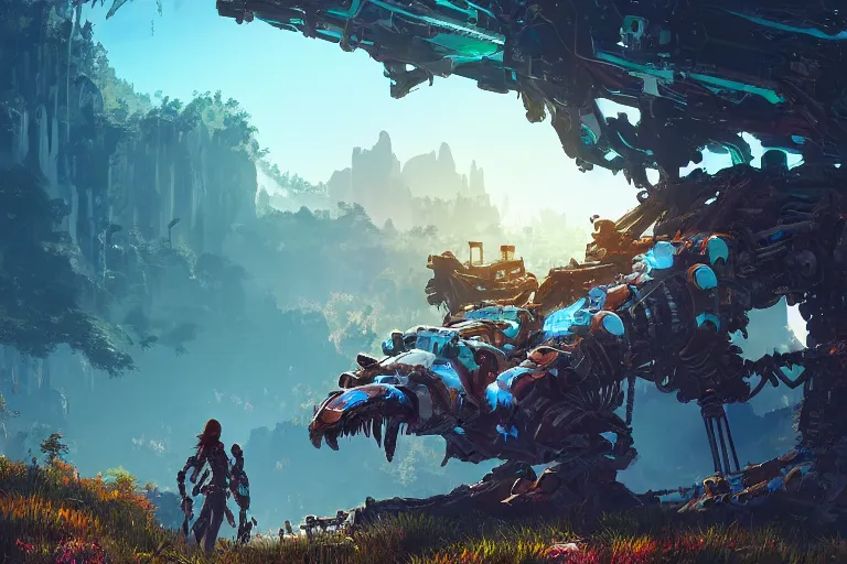 Image similar to watcher machine mecanical creature robot of horizon forbidden west horizon zero dawn radiating a glowing aura global illumination ray tracing hdr fanart arstation by ian pesty and alena aenami artworks in 4 k