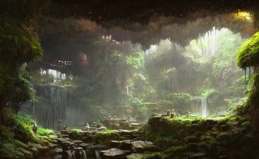 Prompt: painting of an interior of a hidden japanese hotspring in a small cave, fantasy, lush plants and flowers, natural light, concept art, by greg rutkowski, cozy atmospheric and cinematic lighting, trending on artstation