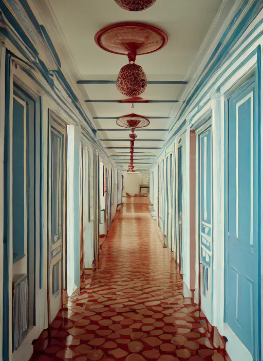 Image similar to photograph of a hallway in the style of wes anderson, architecture magazine, dezeen, 5 0 mm, pentax, film