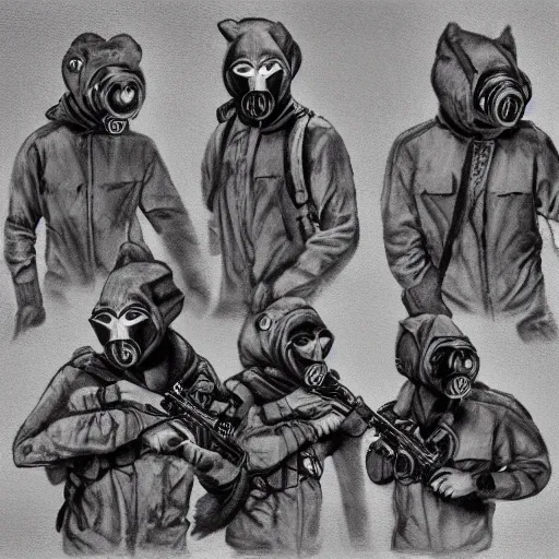 Prompt: detailed details photorealistic wolfs gang photo group, most of them using wolf mask, other using grey bandana and gas mask, theyre with grey hoodie and dominant gray black color in the style of bob peak and alex ross, gouache and wash paints color, detailed details facial and body and human and environments and proportionate, detailed 5 k details.