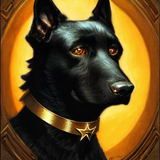 Image similar to a portrait of a black dog dogman canine star trek officer. highly detailed painting by gaston bussiere, craig mullins, j. c. leyendecker, furry