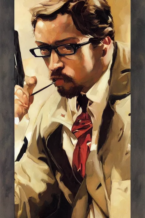 Image similar to sam hyde, painting by jc leyendecker!! phil hale!, angular, brush strokes, painterly, vintage, crisp