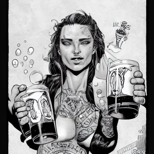 Prompt: a beautiful portrait of a heavily tattooed woman handing you a beer in Travis Charest style
