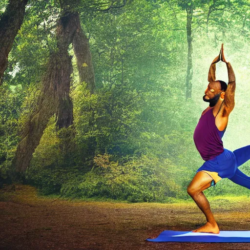 Prompt: lebron james doing yoga in the forest, realistic extremely detailed photo style painting, granular detail, holographic krypton ion, octane render, 4 k, f 3 2, 5 5 mm photography, wide angle