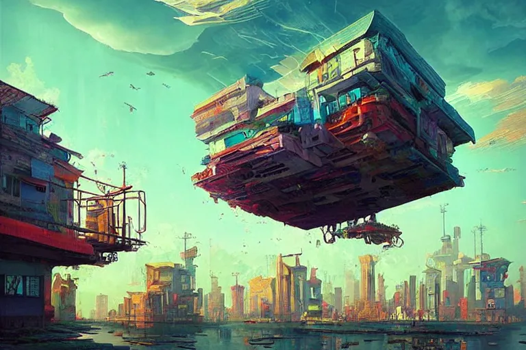 Image similar to surreal cyberpunk city, floating house in the sky, summer morning, very coherent and colorful high contrast, art by!!!! gediminas pranckevicius!!!!, geof darrow, dark shadows, hard lighting