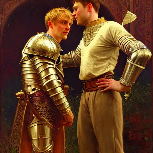 Image similar to attractive arthur pendragon and his attractive male knight, they are in love, natural lighting, path traced, highly detailed, high quality, digital painting, by gaston bussiere, craig mullins, alphonse mucha j. c. leyendecker