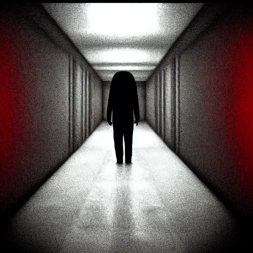 Image similar to photograph of an extremely dark narrow hallway with glowing humanoid cryptid made out of television static, dark deep black shadows, red and black color contrast in the style of trevor henderson, liminal space, 3 d octane render, glitch effect