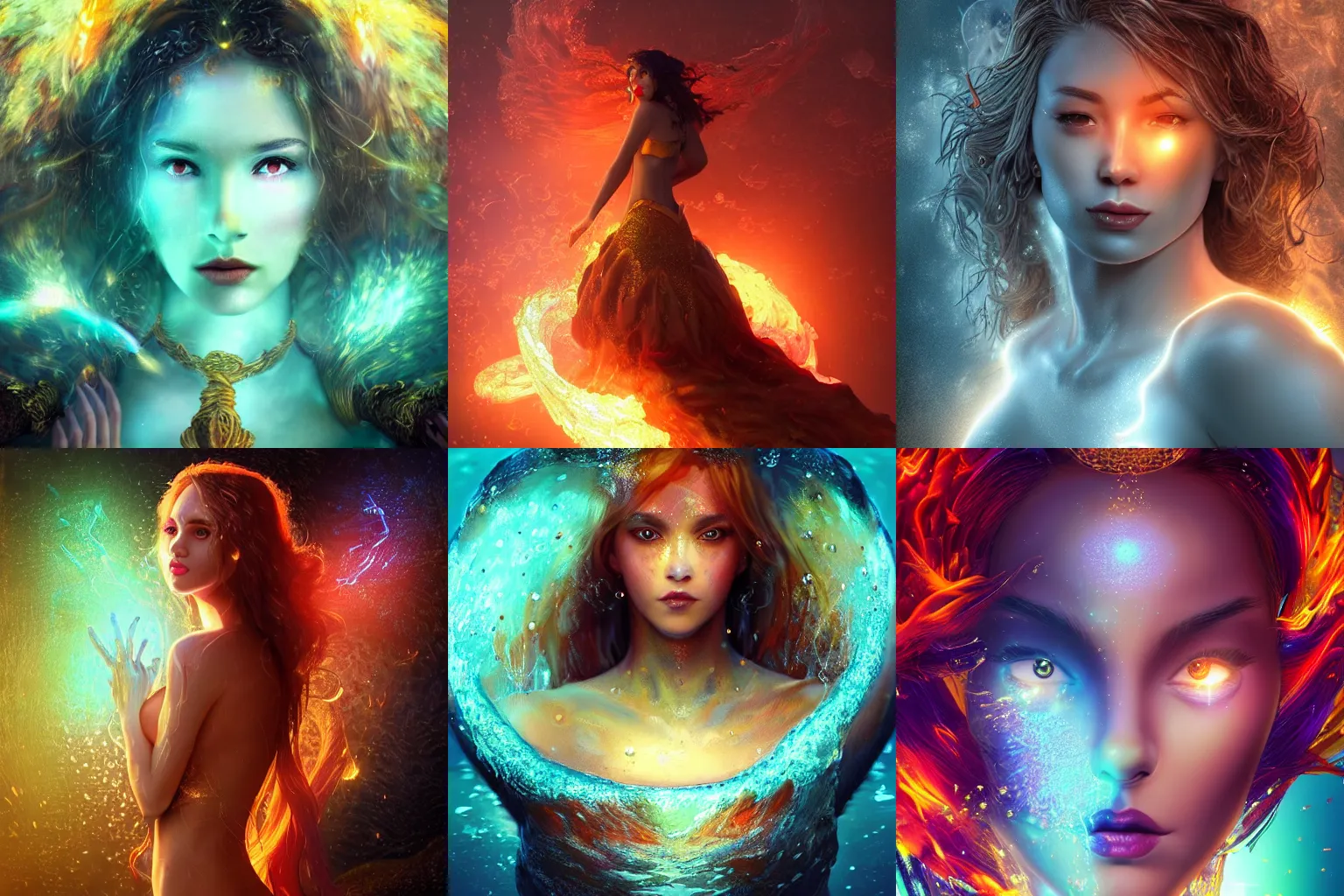 Prompt: a beautiful female human god of fire character, character is in all its glory, character is centered on the image, character is half in the water, rim lights, highly detailed professional photo, dynamic lights, particles and crystals are flying, very deep depth of field, trending on artstation, illustration, hyper realistic, vray caustics, super detailed, colorful accents, cinematic shot