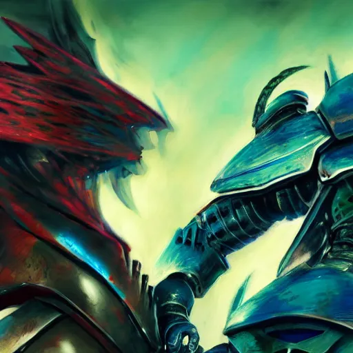 Image similar to dragon fire vs blue armor knight shield, close up, anime, green car hatchback, desert landscape, greg manchess, akehiko inoue and ross tran, Pyromallis Nekro Rene Margitte