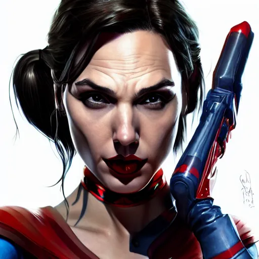 Image similar to a close up face of gal gadot as Harley Quinn, by Stanley Artgerm Lau, WLOP, Rossdraws, James Jean, Andrei Riabovitchev, Marc Simonetti, Yoshitaka Amano, ArtStation, CGSociety, Full body shot