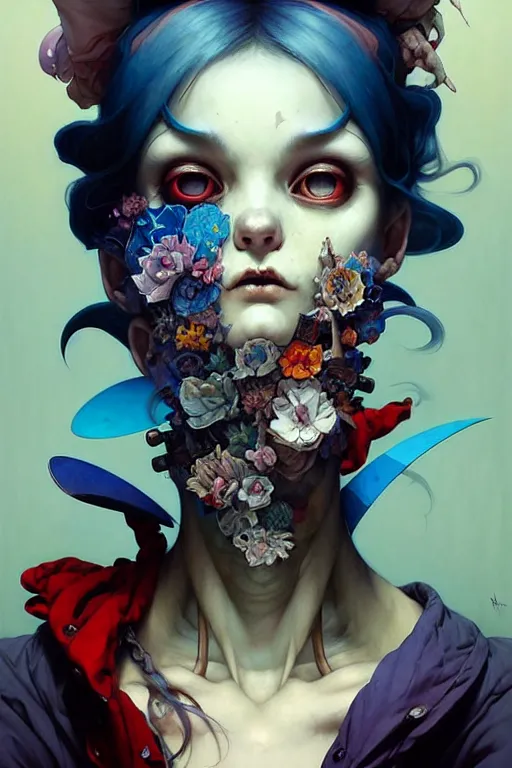 Image similar to portrait, patchwork doll, japanese gothic sytle, macabre horror, blue hour, expressive, asymmetrical art, hyperrealism, colorful, vivid, imposing, epic, abstract texture, artstation, concept art, by peter mohrbacher and wlop and rhads and artgerm and magali villeneuve and alphonse mucha