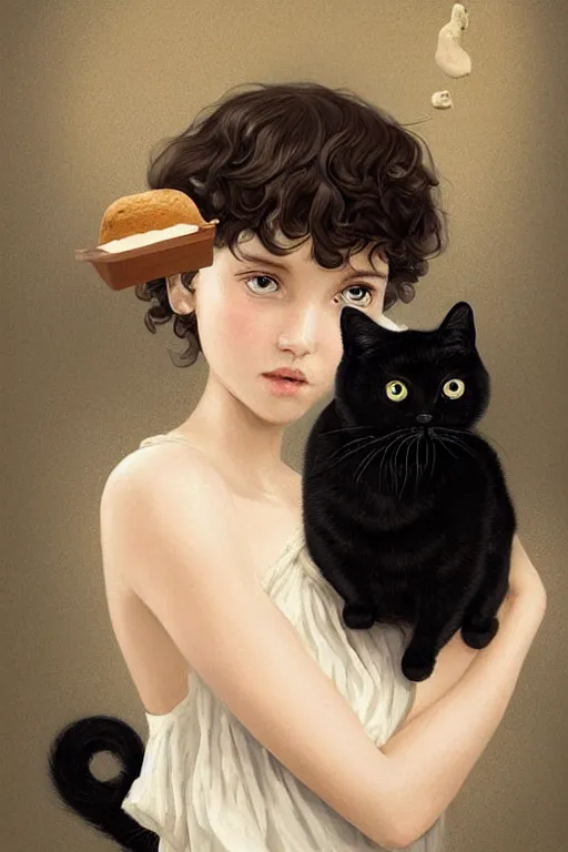 Prompt: beautiful cottagecore of a girl with short black curly hair, round face, cute face, holding a loaf of bread. There's also a black cat on her shoulder. intricate, elegant. highly detailed, digital painting, artstation, concept art, smooth, sharp, focus, illustration. Black cats. art by artgerm and greg rutkowski and alphonse mucha