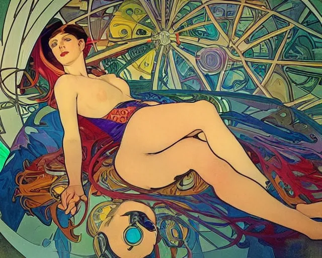 Prompt: cyberpunk woman lying down in a sleeping pod, sharp shapes, vibrant colors, alphonso mucha, risque fashion, masterpiece