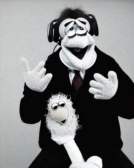 Prompt: actor Andy Kaufman as a muppet wearing noise cancellation headphones, Hyperreal, Studio Lighting