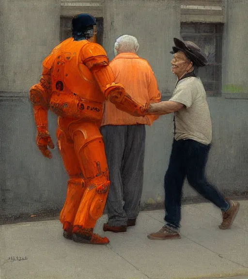 Image similar to : realistic photograph of an orange robot : helping an elderly man cross the street + by Edgar Maxence and Ross Tran