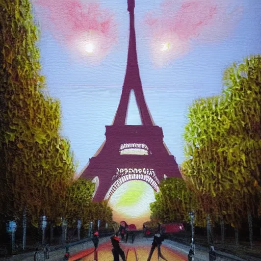 Image similar to a dream of several people running in a field and the eiffel tower in the background in a place that at the same time is illuminated by the sun causes a feeling of strangeness, oil painting, ultradetailed, artstation, polaroid photo, perfect photo, photo pinterest, polaroid photo, perfect photo, photo pinterest