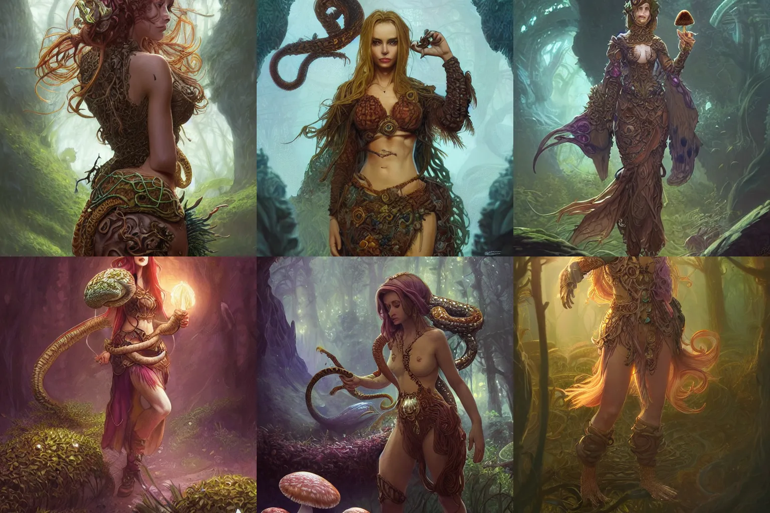 Prompt: a woman spore druid with mushroom themed clothing, pet snake, D&D, fantasy, intricate, cinematic lighting, highly detailed, digital painting, artstation, concept art, smooth, sharp focus, illustration, art by Artgerm and Greg Rutkowski and Alphonse Mucha