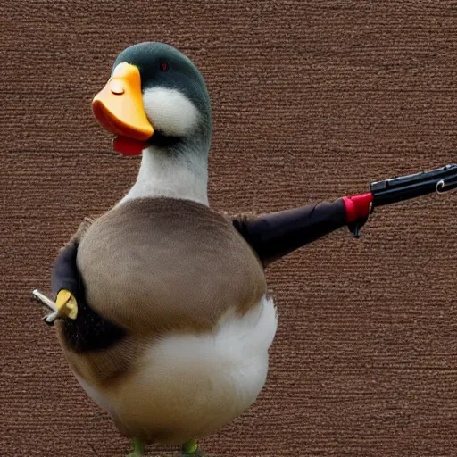 Prompt: a duck holding a gun