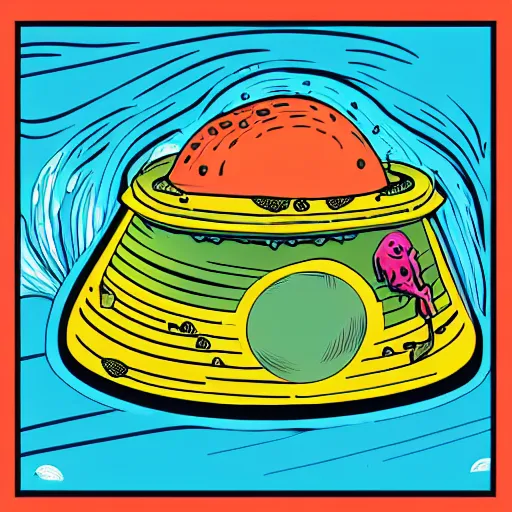 Prompt: pop - wonder - nft alien - meat half - tone - art of a alf wading through the goopy - muck and slithering about the castle side delights on a melted cheesy day in a hand - drawn vector, svg, cult - classic - comic - style