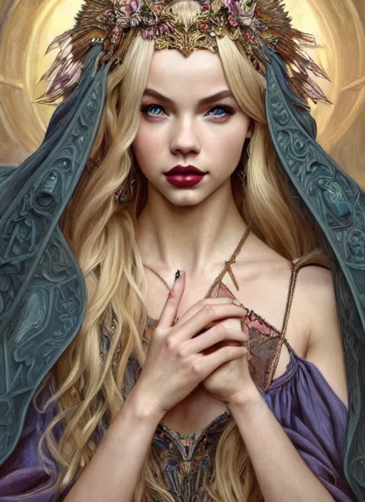 Image similar to ultra realistic illustration, a stunningly beautiful greek gothic goddess of chaos played by jordyn jones and dove cameron and margot robbie and taylor swift and megan fox and adriana lima, intricate, elegant, highly detailed, digital painting, artstation, concept art, smooth, sharp focus, illustration, art by artgerm and greg rutkowski and alphonse mucha