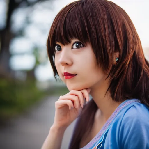 Image similar to portrait photo still of real life haruhi suzumiya, 8 k, 8 5 mm f 1. 8