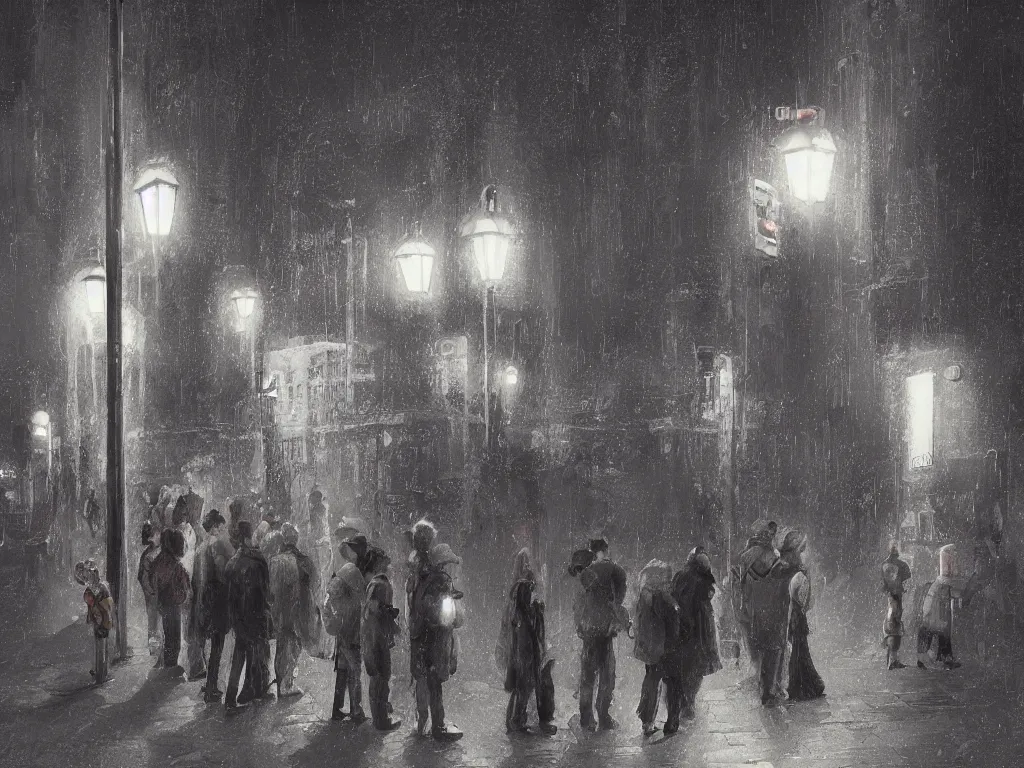 Prompt: few people waiting in a bus stop in dark city night, artstation, cgsociety, high quality, detailed, high resolution, in the style of shaun tan