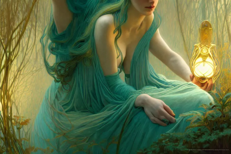 Image similar to pale teal becoming light itself, fantasy, intricate, elegant, dramatic lighting, emotionally evoking symbolic metaphor, highly detailed, lifelike, photorealistic, digital painting, artstation, concept art, smooth, sharp focus, illustration, art by John Collier and Albert Aublet and Krenz Cushart and Artem Demura and Alphonse Mucha