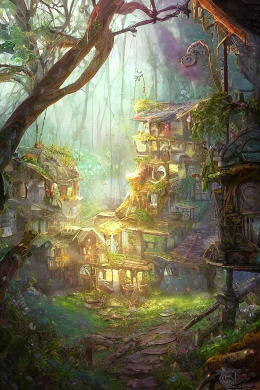 Prompt: a cheerful and whimsical ramshackle multistory hut in the woods, intricate, elegant, fantasy, highly detailed, digital painting, concept art, sharp focus, illustration, beautiful volumetric lighting, artstation, magic hour lighting, colorful, sunshine, springtime