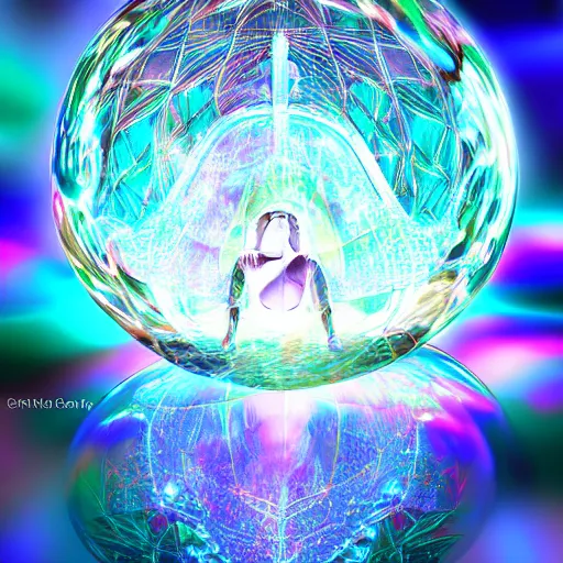 Image similar to psychonautist in a crystal sphere, digital painting, award winning, volumetric lighting