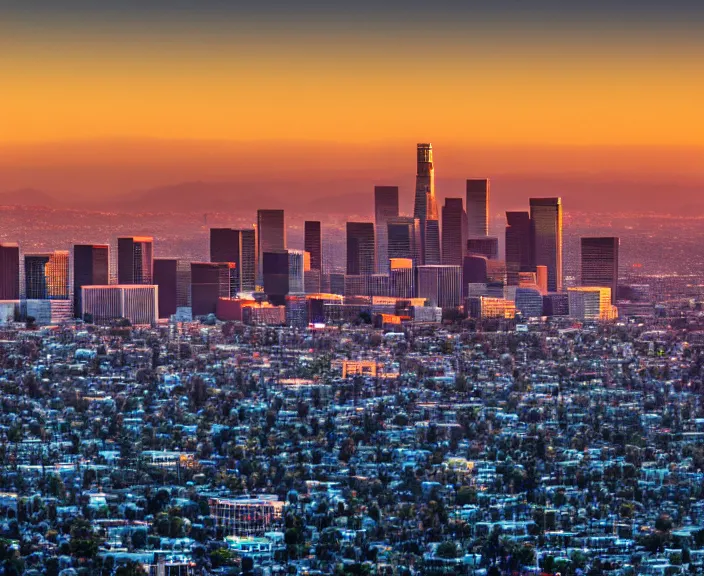 Prompt: 4 k hd, high detail photograph of los angeles at sunset, shot with sigma f / 4. 2, 2 5 0 mm sharp lens, wide shot, volumetric lighting, high level texture render, unreal engine