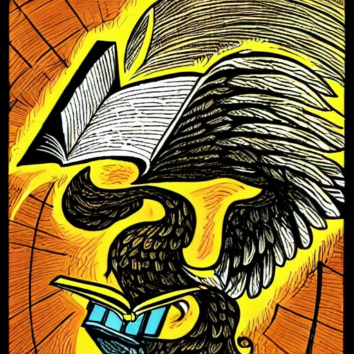 Prompt: a phoenix reading a book in a library cartoon artwork