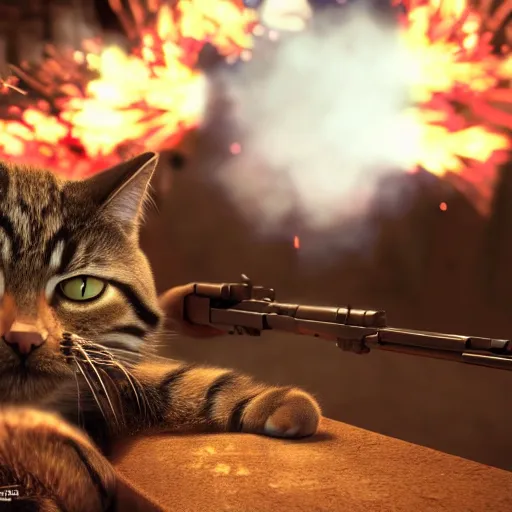 Prompt: a cat grabbing a gun in a world war 3, 8K, mountain, war, explosions, cinematic lighting, hypperrealistic illustration