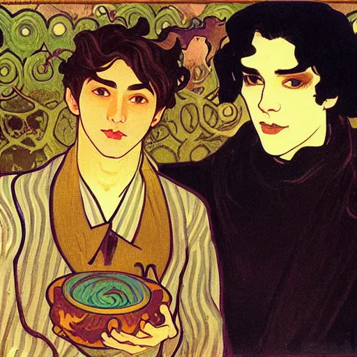 Image similar to painting of young cute handsome beautiful dark medium wavy hair man in his 2 0 s named shadow taehyung and cute handsome beautiful min - jun together at the halloween witchcraft party with bubbling cauldron, melancholy, autumn colors, elegant, ritual, stylized, gorgeous eyes, soft facial features, delicate facial features, art by alphonse mucha, vincent van gogh, egon schiele