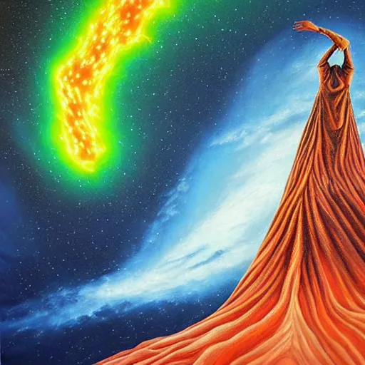 Image similar to A robed wanderer stands atop the final summit at the end of time as witness to the final fleeting moments of the universe. A highly detailed surreal oil painting on neon geometric canvas of the last wizard and the doom of spacetime.