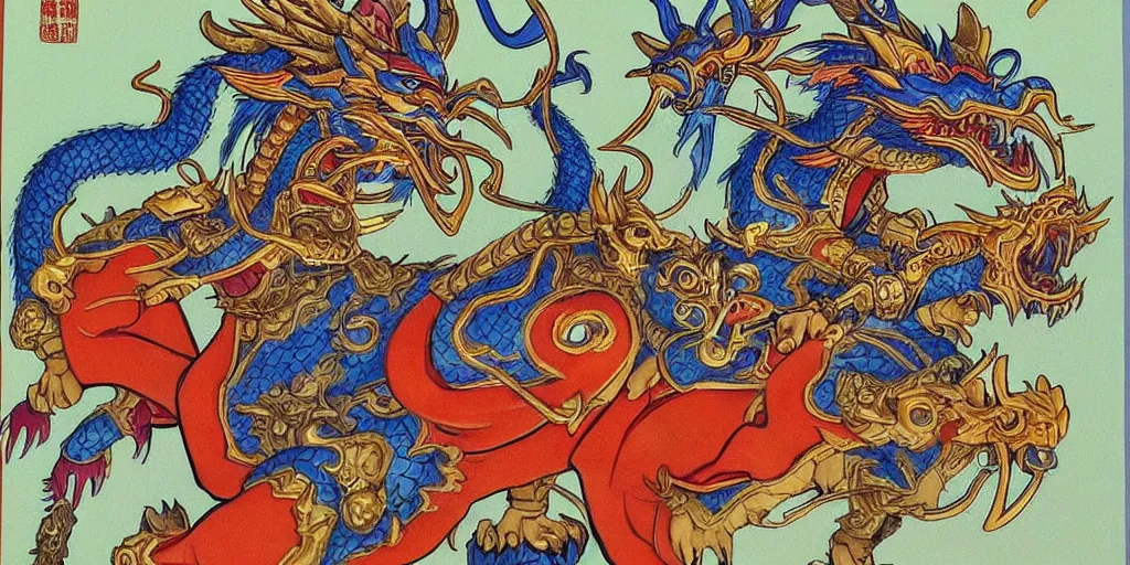 Prompt: chinese god of warcraft controling the four animal guards of the north east south west : : qilin, dragon, tortoise and phoenix, chinese myth, scared animal, legendary creatures of china